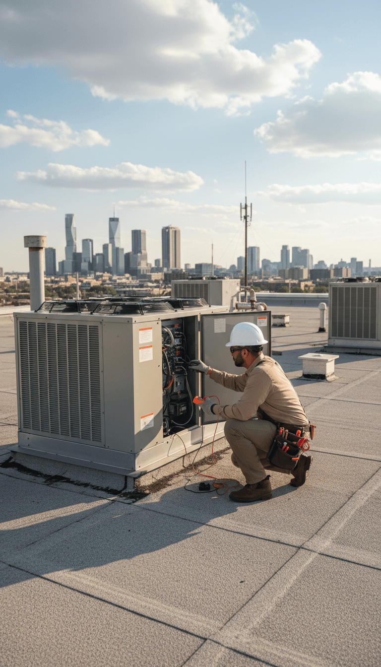 Technician inspecting HVAC equipment on a commercial rooftop