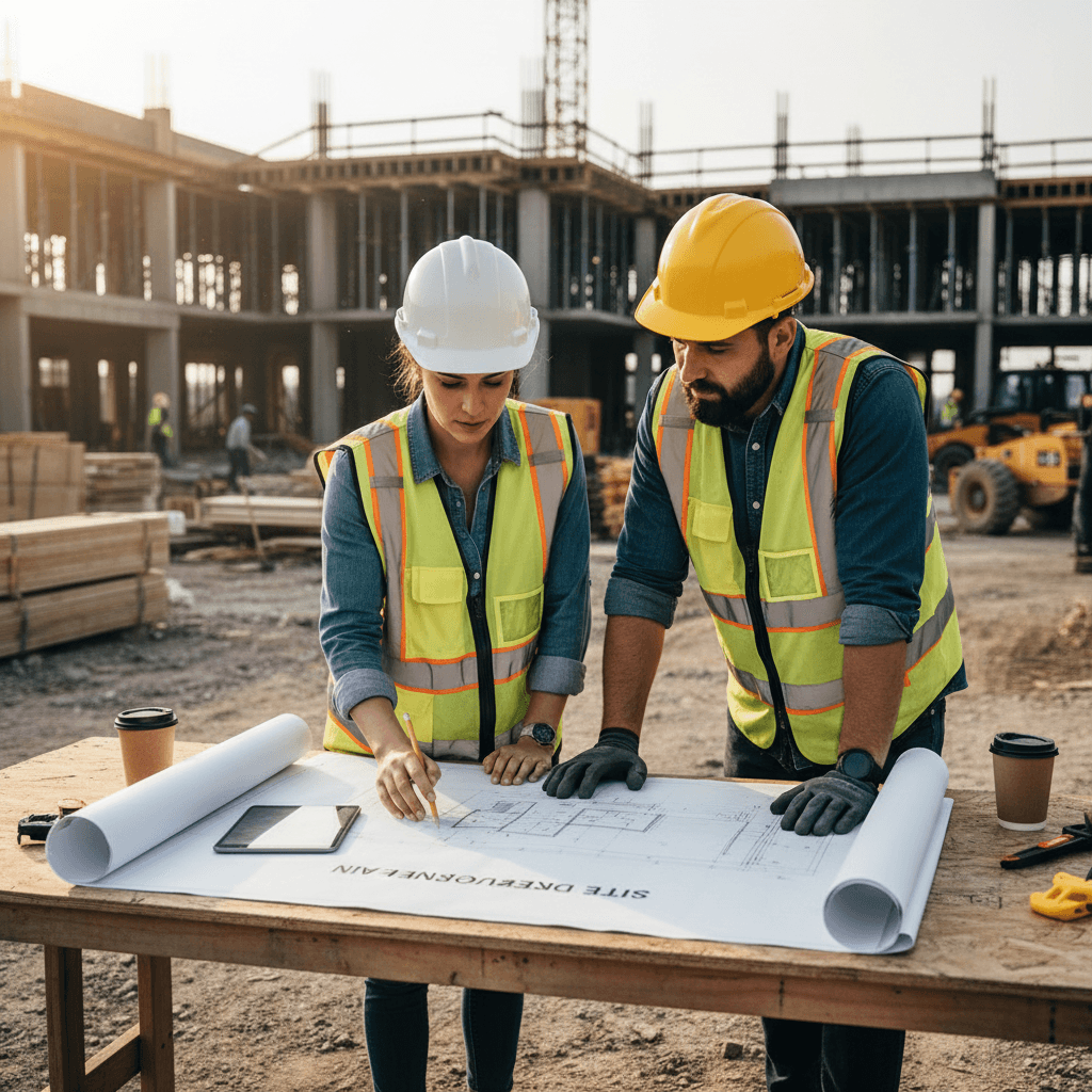 Contractor and architect reviewing mechanical system plans